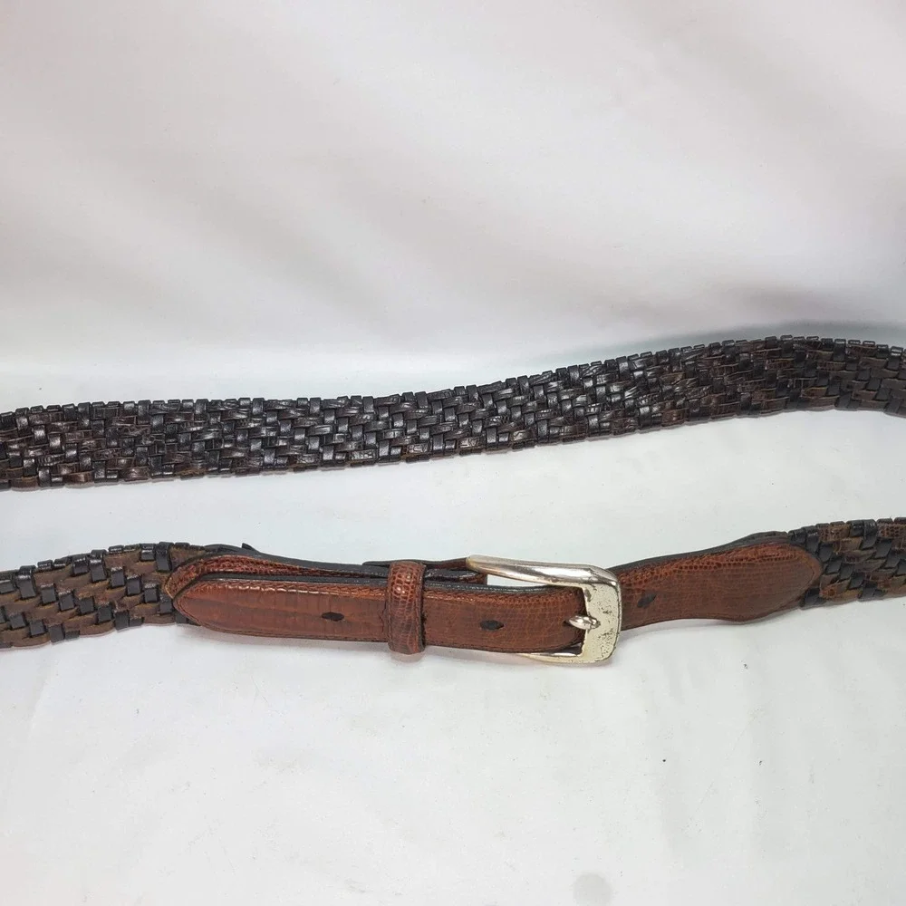Brighton Woven Belt 36 Brown Black Lizard Embossed Leather P4100 Silver Buckle
